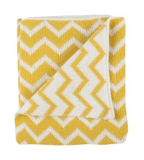 [01316-213] Deken Gebreid 100x150cm Chevron Yellow Ochre/Offwhite | Geel